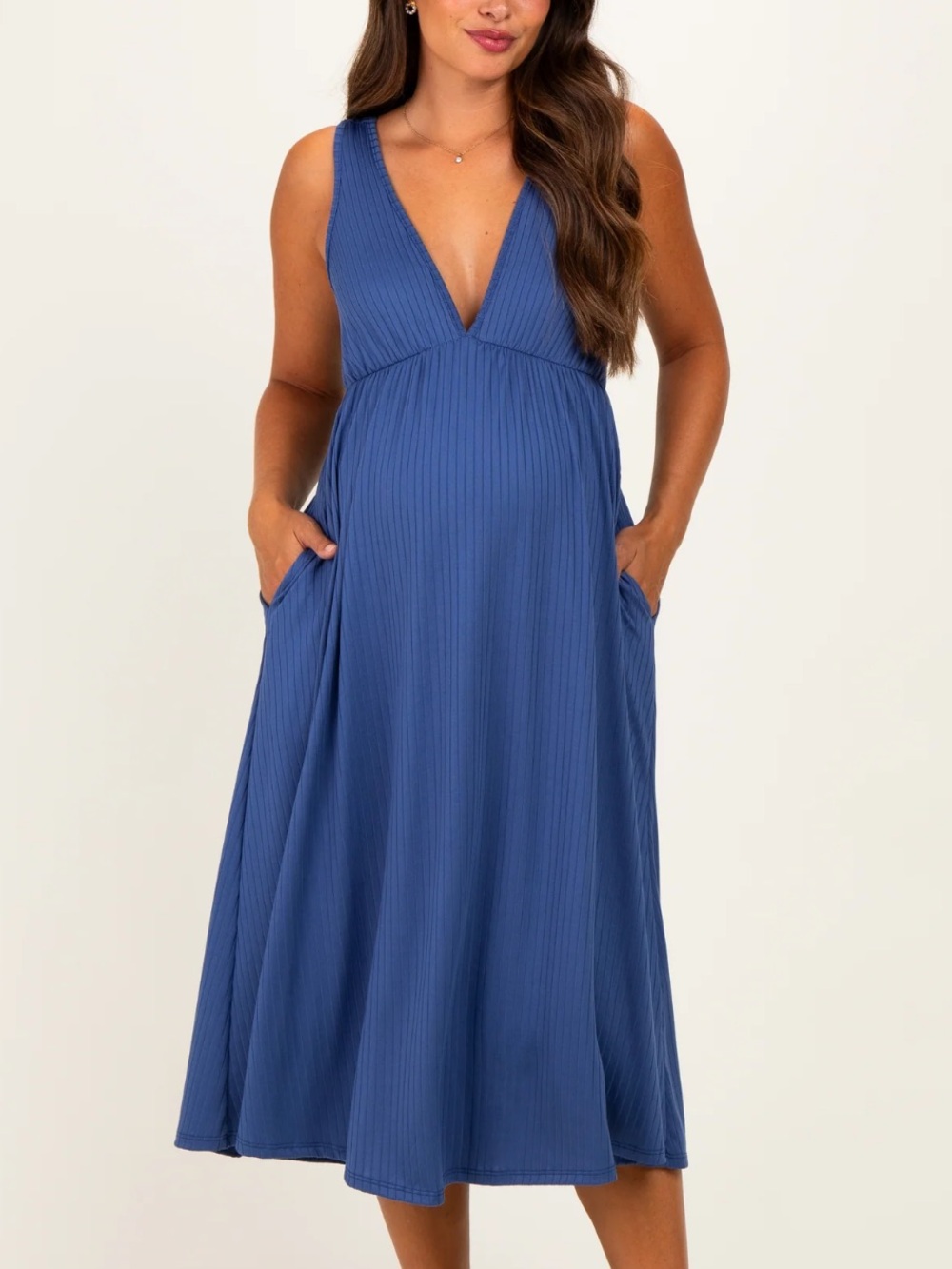 Pinkblush Royal Blue V-Neck Ribbed Midi Dress